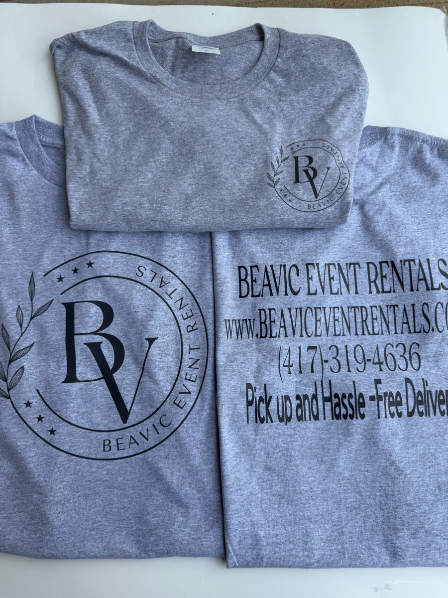 Grey tees for an event rental company, one with a small BV monogram on the chest and one with a large BV logo beside the company name and phone number.