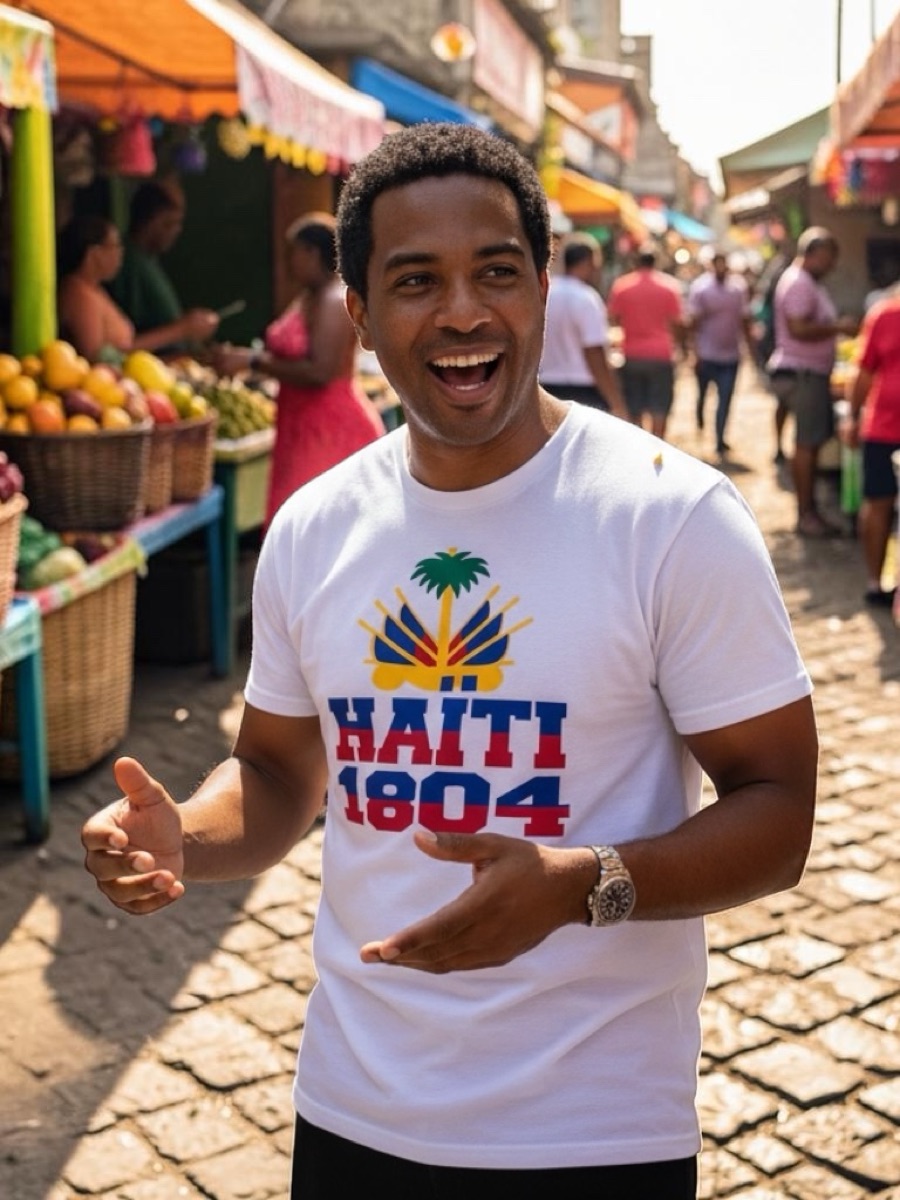 A man in a white tee printed HAITI 1804 in red and blue under the Haitian coat of arms, at an open-air market.
