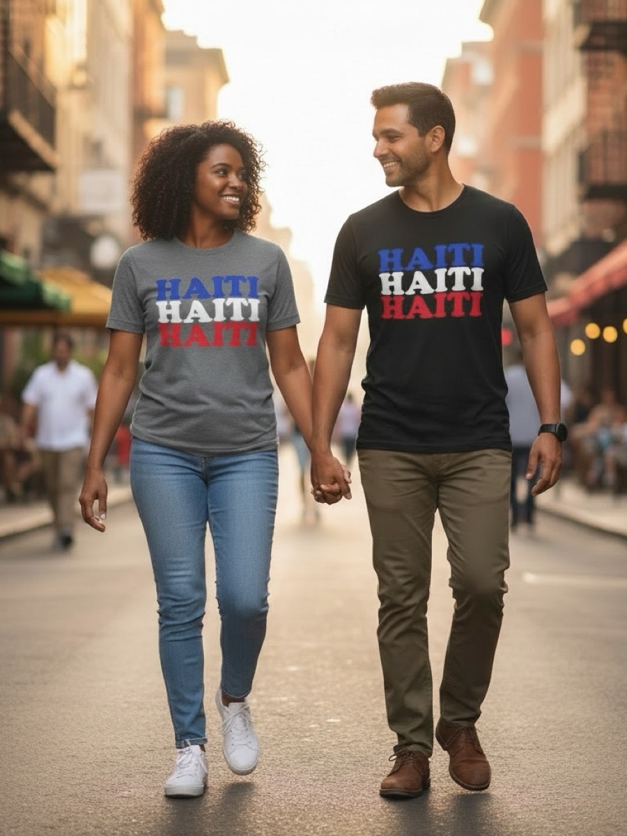 A couple holding hands on a city street, in grey and black tees printed HAITI three times in blue, white and red.
