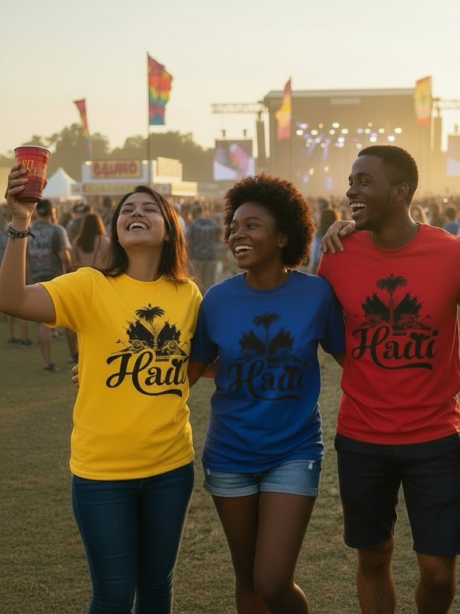 Friends at an outdoor festival in yellow, blue and red tees, each printed Haiti in black script under palm trees.