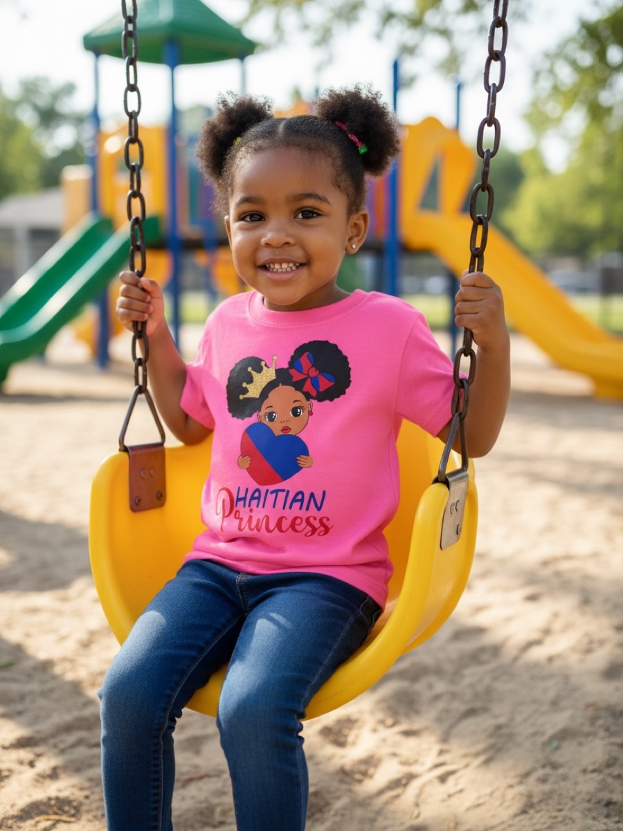 A little girl on a playground swing in a pink tee printed Haitian princess under a cartoon girl with two puffs.
