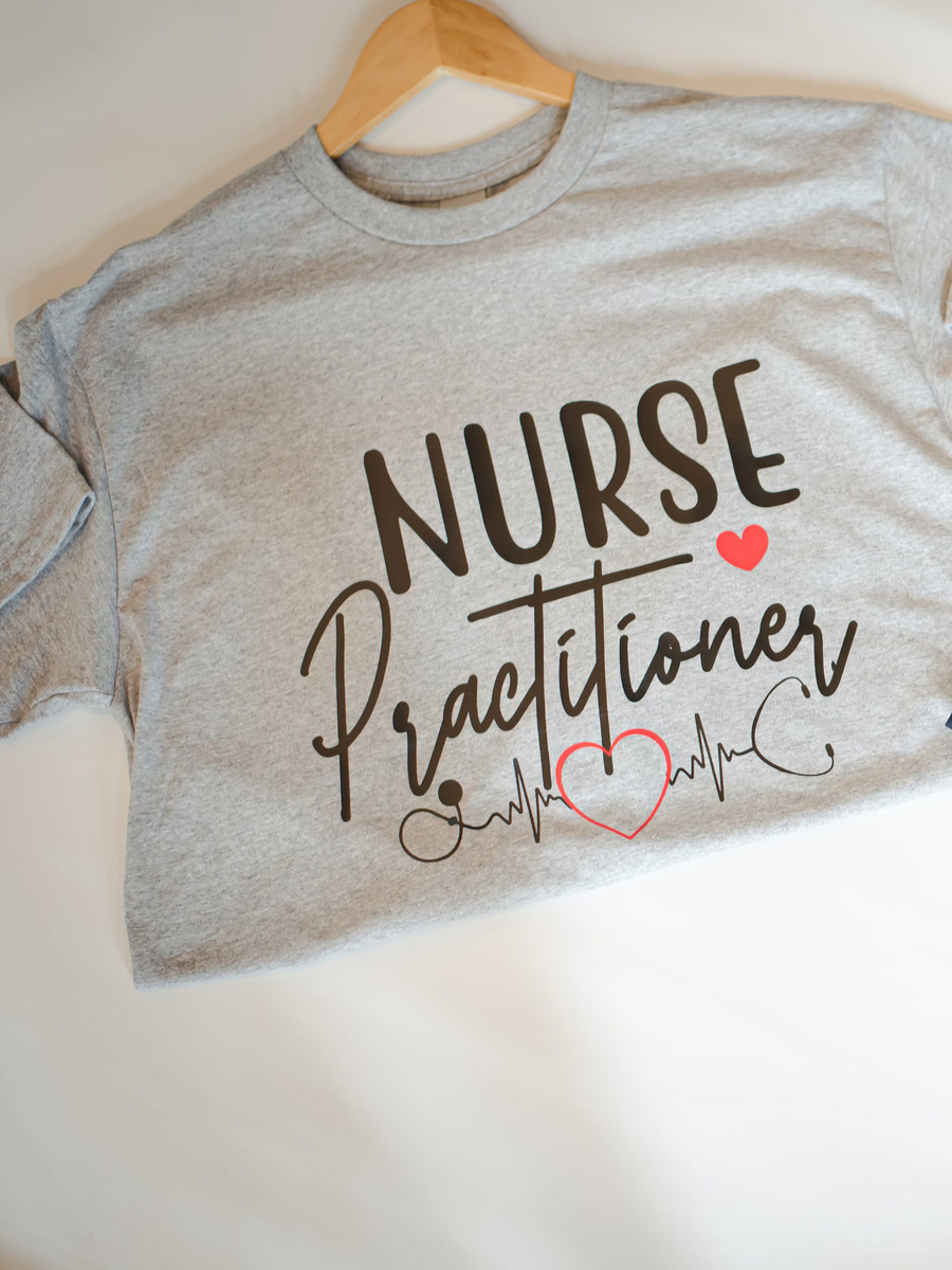 A heather grey tee printed with Nurse Practitioner in script above a stethoscope line.