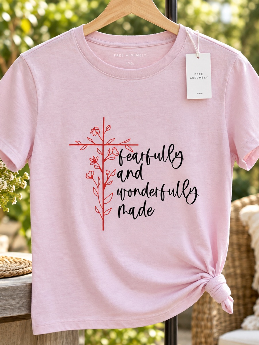 A light pink tee printed fearfully and wonderfully made in black script beside a red cross of flowering vines.