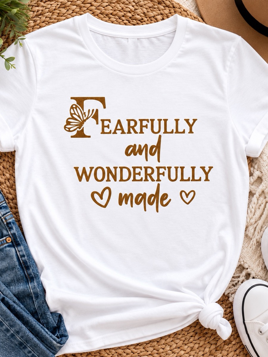 A white tee printed fearfully and wonderfully made in gold, with a butterfly on the F and two small hearts.