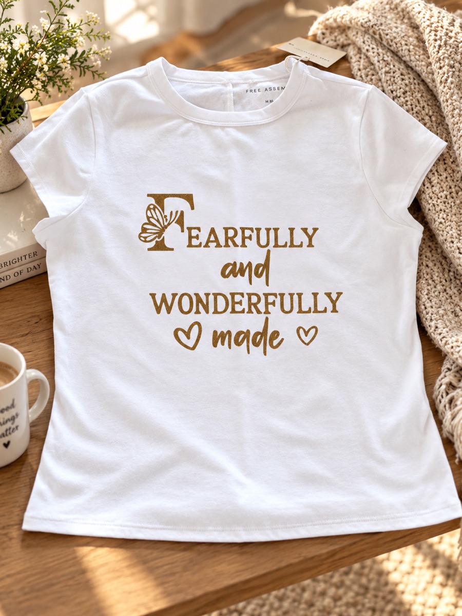 A white tee printed fearfully and wonderfully made in gold, with a butterfly on the F and two small hearts.