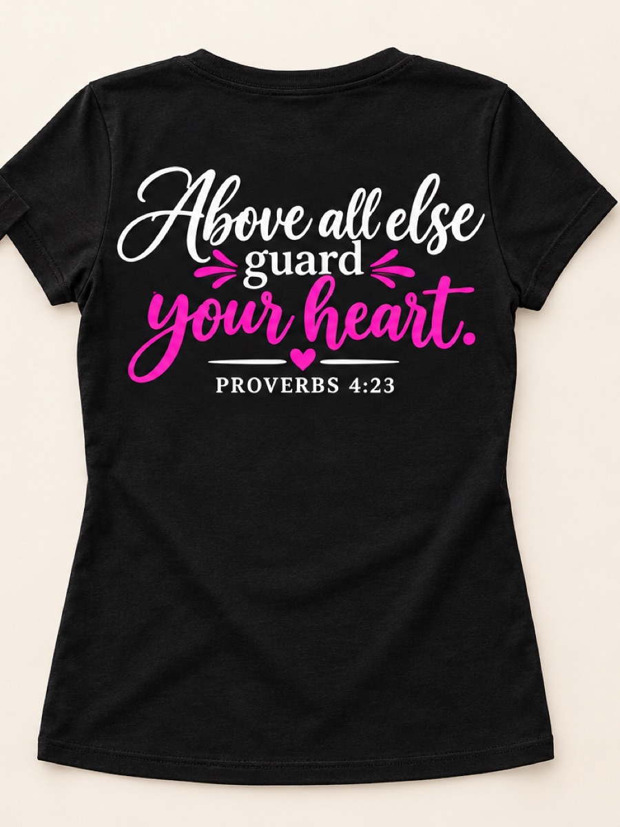 The back of a black tee printed above all else guard your heart in white and pink script, with Proverbs 4:23 underneath.