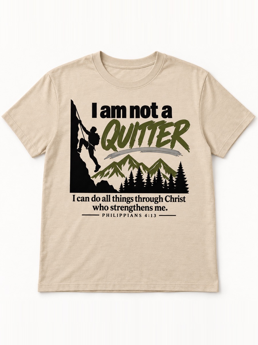 A beige tee printed I am not a quitter in olive above a man climbing a mountain, with Philippians 4:13 underneath.