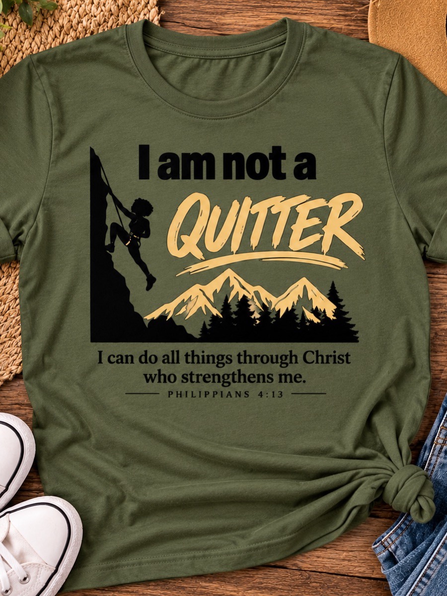 An olive tee printed I am not a quitter in gold above a woman climbing a mountain, with Philippians 4:13 underneath.