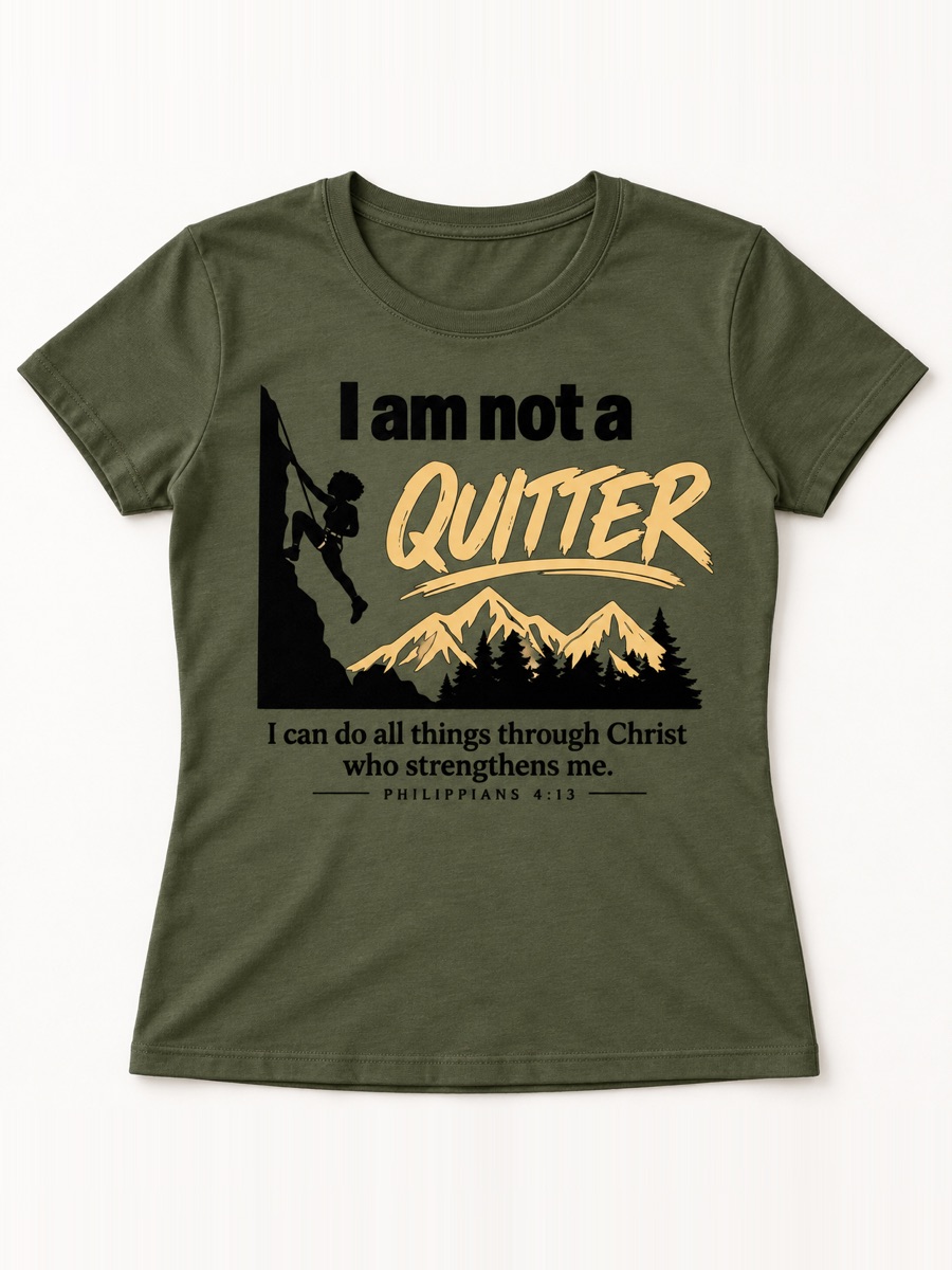 An olive tee printed I am not a quitter in gold above a woman climbing a mountain, with Philippians 4:13 underneath.