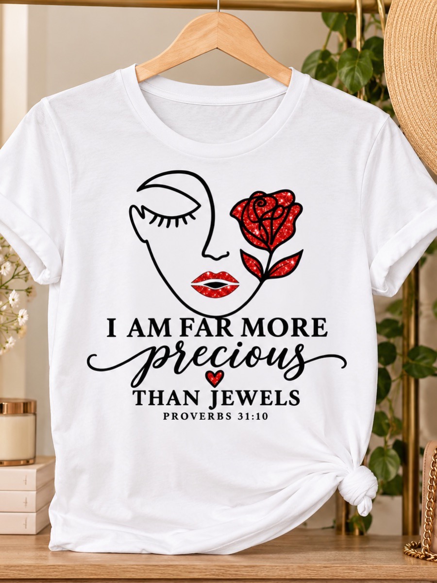 A white tee printed I am far more precious than jewels beside a line-drawn face and a red rose.