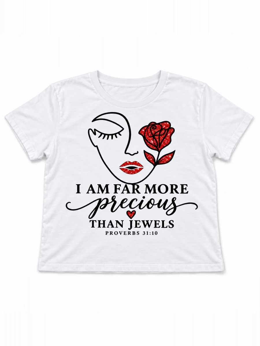 A white tee printed I am far more precious than jewels beside a line-drawn face and a red rose.