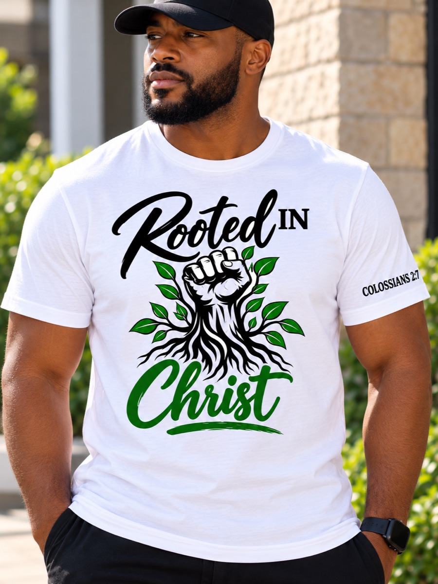A man in a white tee printed Rooted in Christ in black and green script around a raised fist growing out of roots, with Colossians 2:7 on the sleeve.
