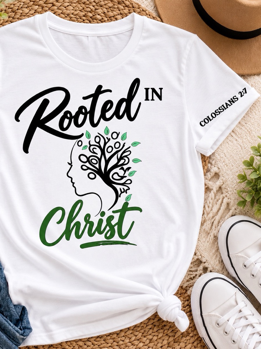 A white tee printed Rooted in Christ in black and green script around a woman's profile that grows into a tree.