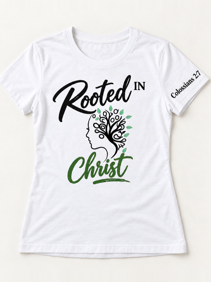 A white tee printed Rooted in Christ in black and green script around a woman's profile that grows into a tree.