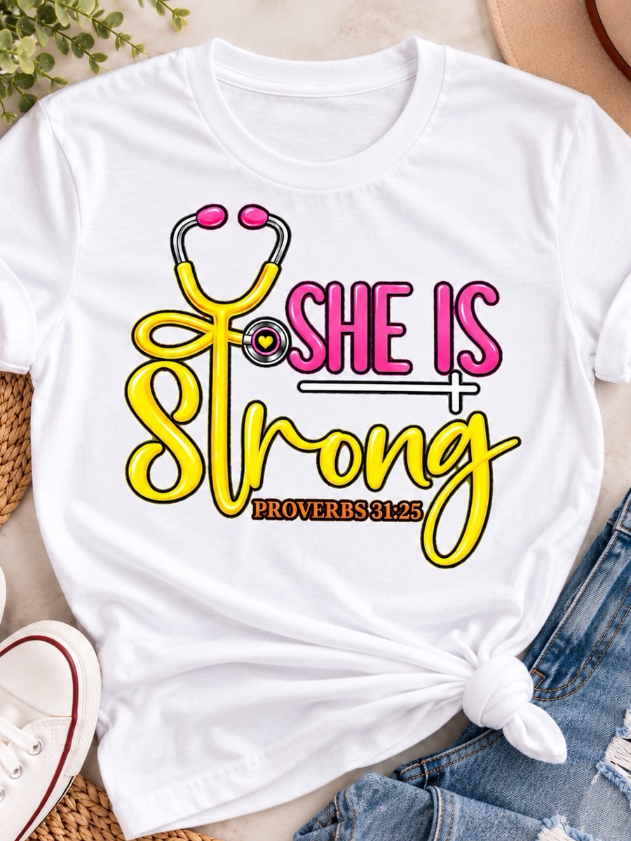 A white tee knotted at the hem, printed she is strong in pink and yellow, with a stethoscope for the t and Proverbs 31:25 in orange underneath.