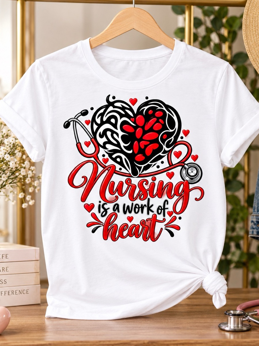A white tee printed nursing is a work of heart in red script under a black and red heart wrapped in a stethoscope.