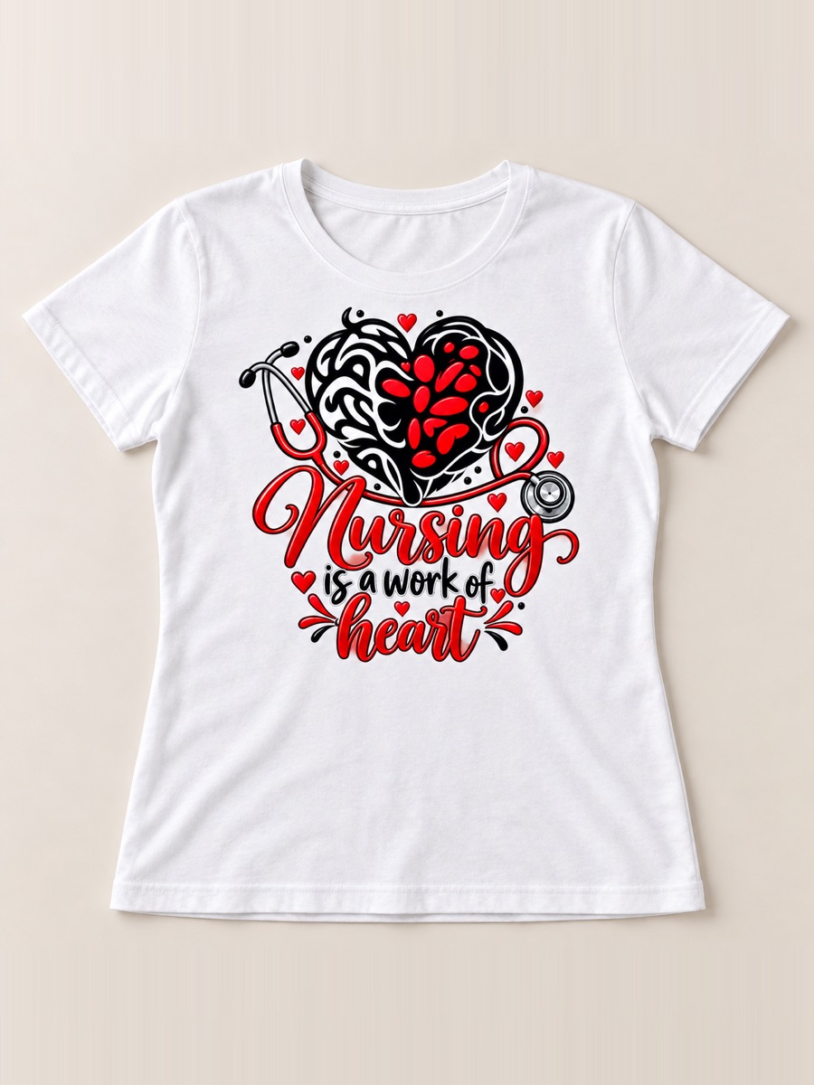 A white tee printed nursing is a work of heart in red script under a black and red heart wrapped in a stethoscope.